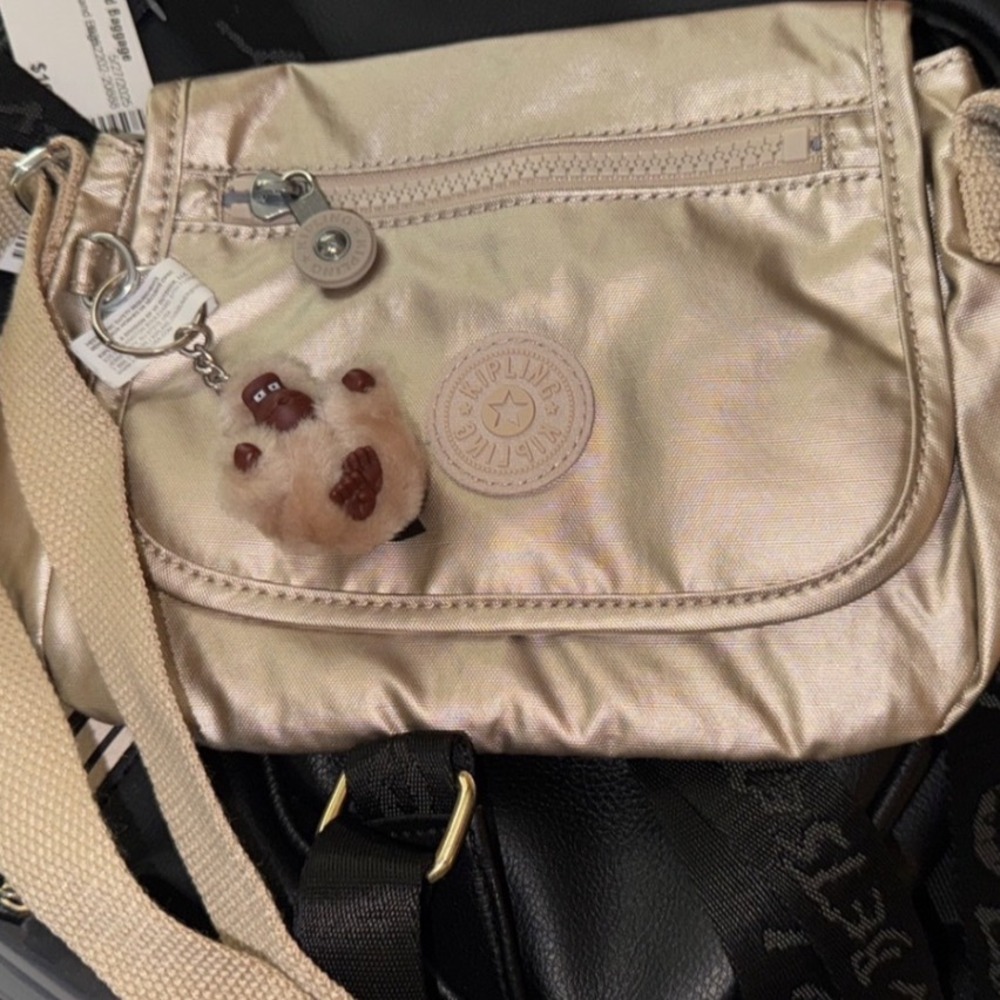 Kipling Crossbody Bag Womens Small Gold Champagne‎ Metallic Monkey Keychain